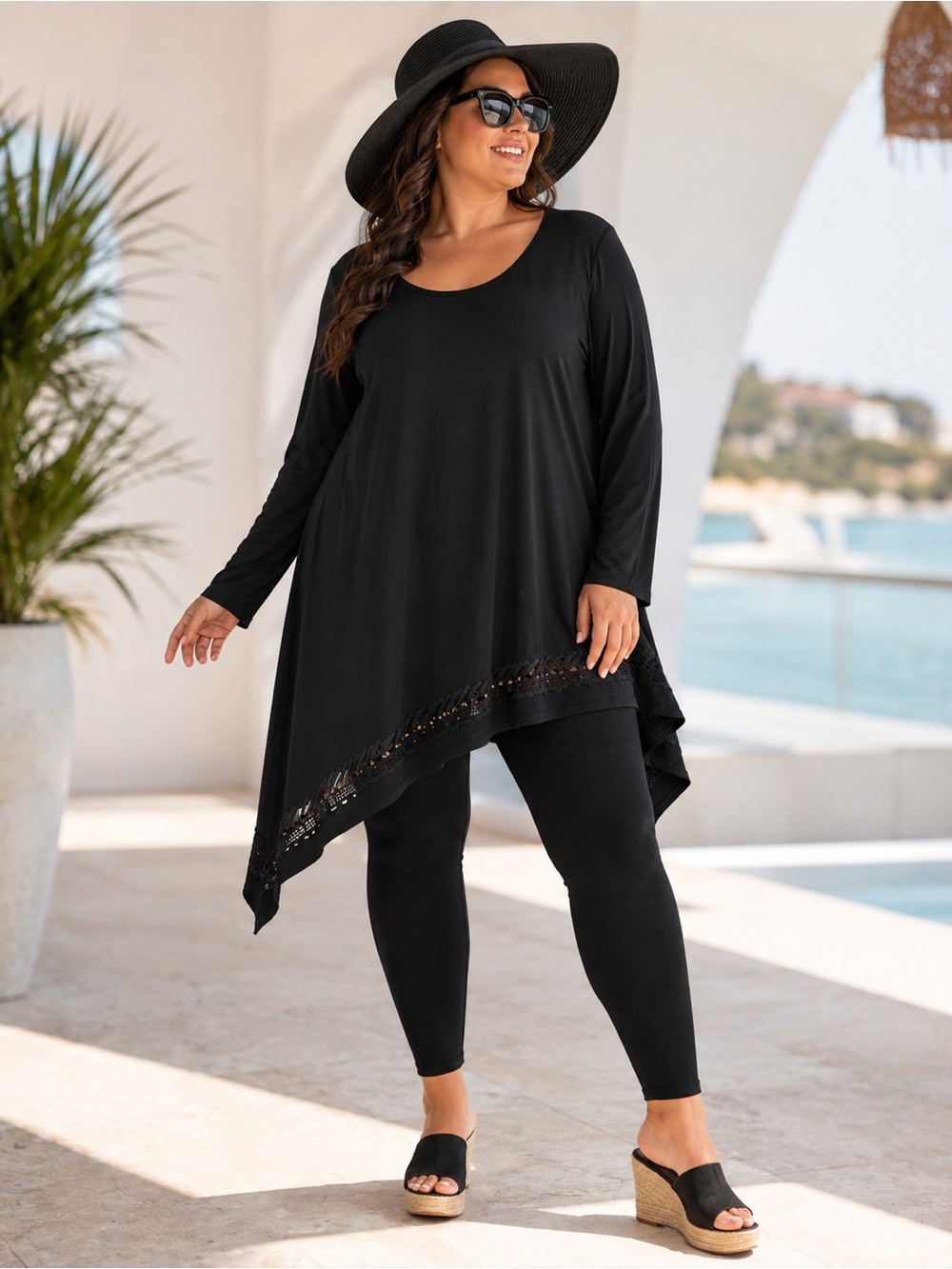 Black Plus-Size Long Sleeve Swim Cover-Up Tunic